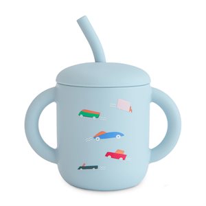 Mushie Silicone Training Cup + Straw - Retro Cars